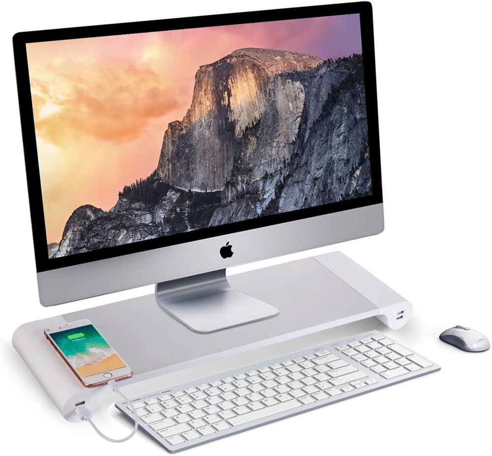 PG Silver Monitor Stand Riser with 4-Port USB Charging ports, keyboard desktop